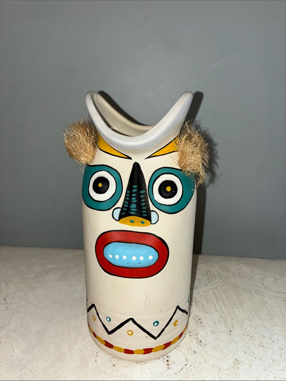 Pottery Ceramic Face Mask Vase Hand-Painted White DecorArt with Teal/Red Accents